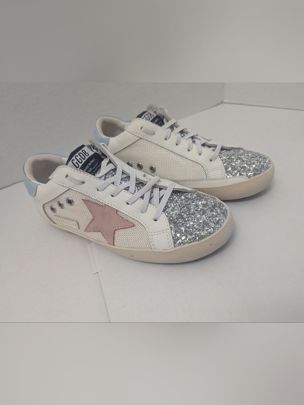 Golden Goose Super Star Womens Glitter White Leather Sneaker Pink Suede 41±10 US